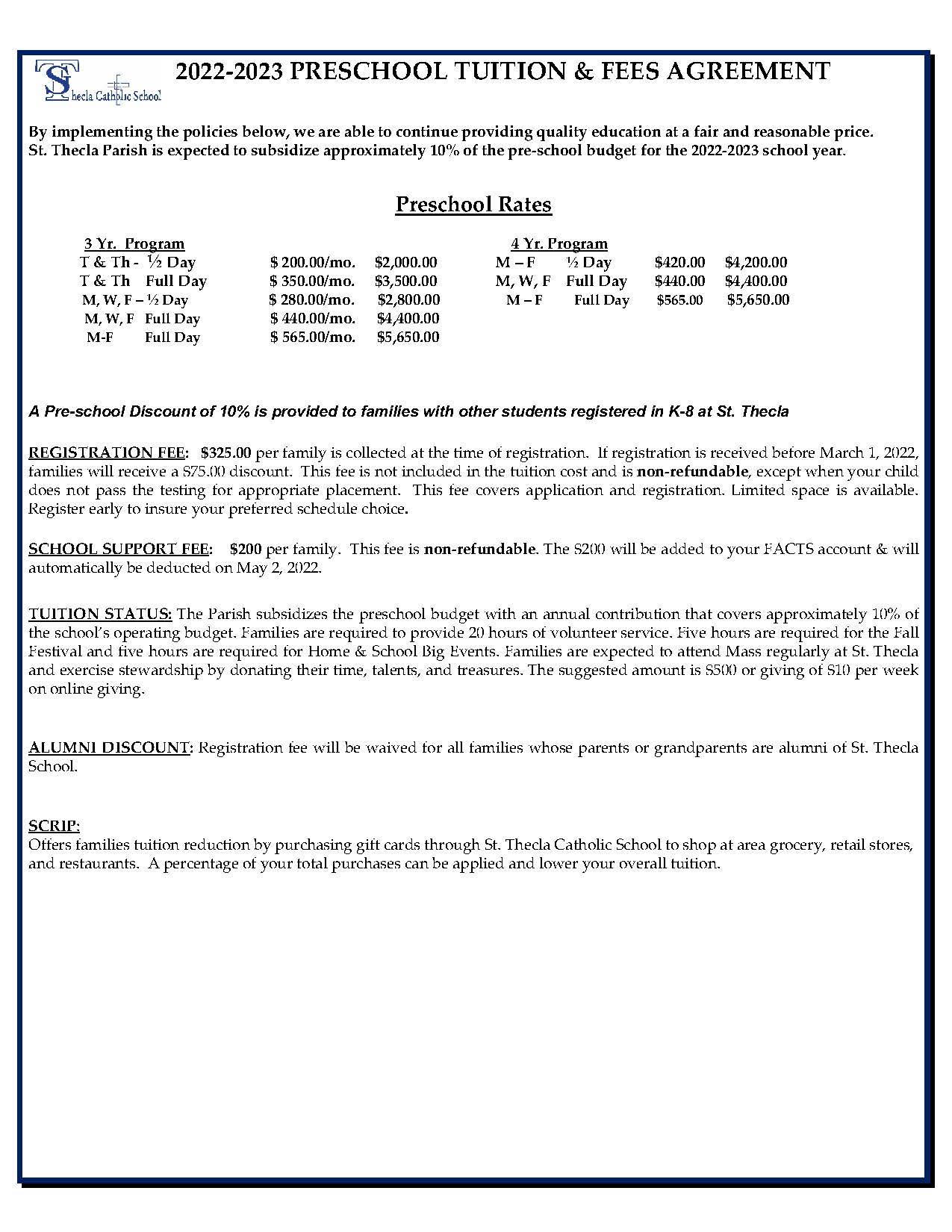 Tuition Information St. Thecla School
