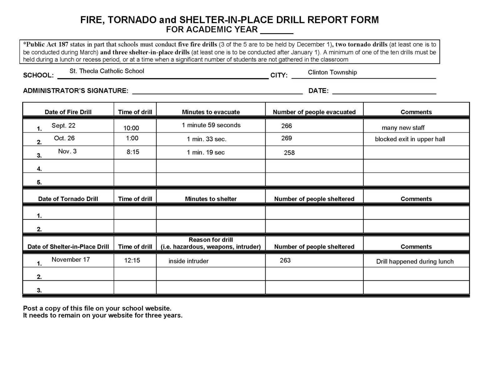 Safety Drill Reporting St. Thecla School