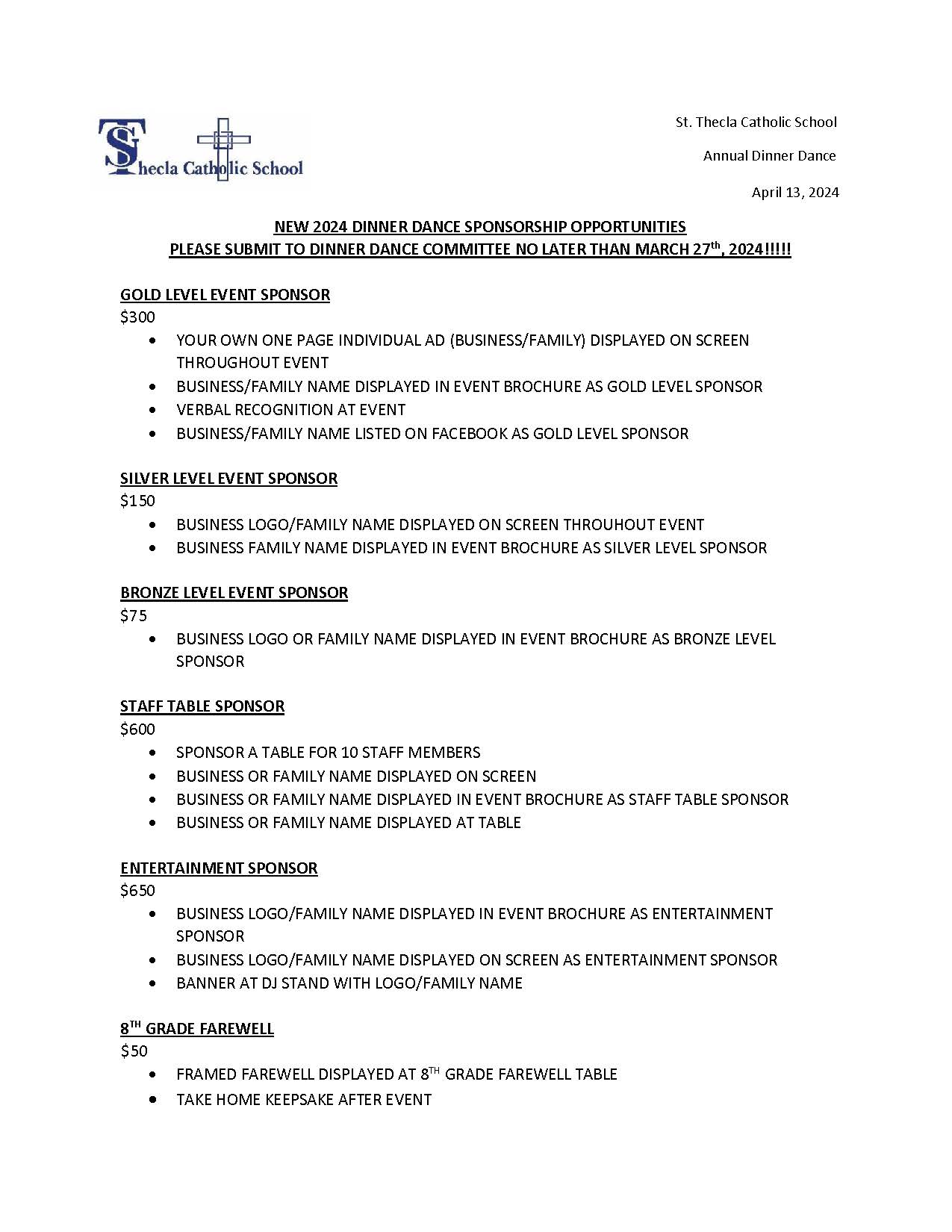 New Sponsorship Opportunity St Thecla School   DD Sponsorships Form 2024 Page 1 