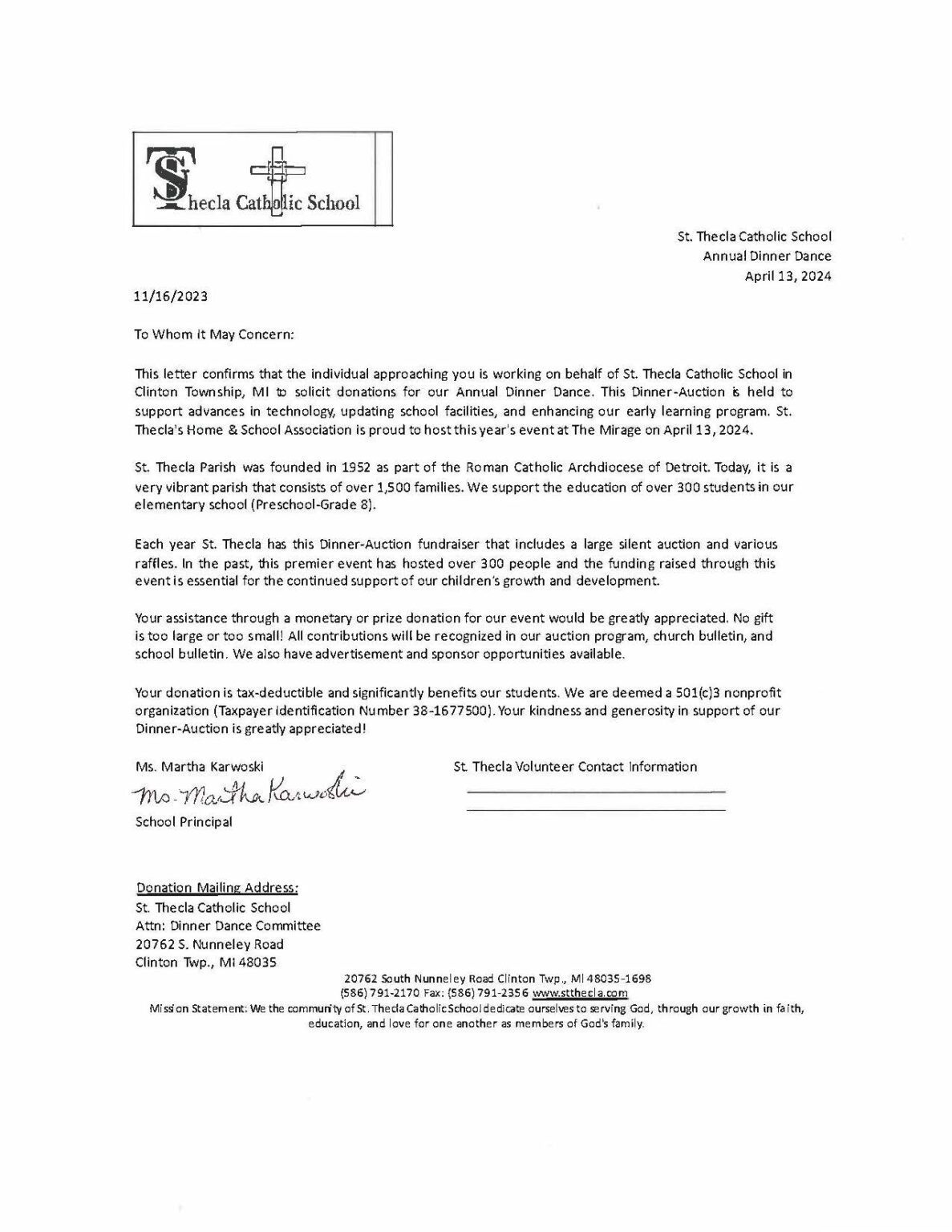 Solicitation Letter – St. Thecla School